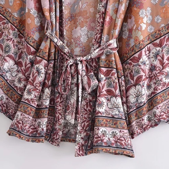 Pink Boho Multi Color Floral Short Kimono Wrap Top - Picture 3 of 3